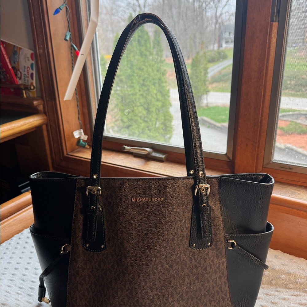 Michael Kors Brown and Black Signature Tote with Gold Hardware